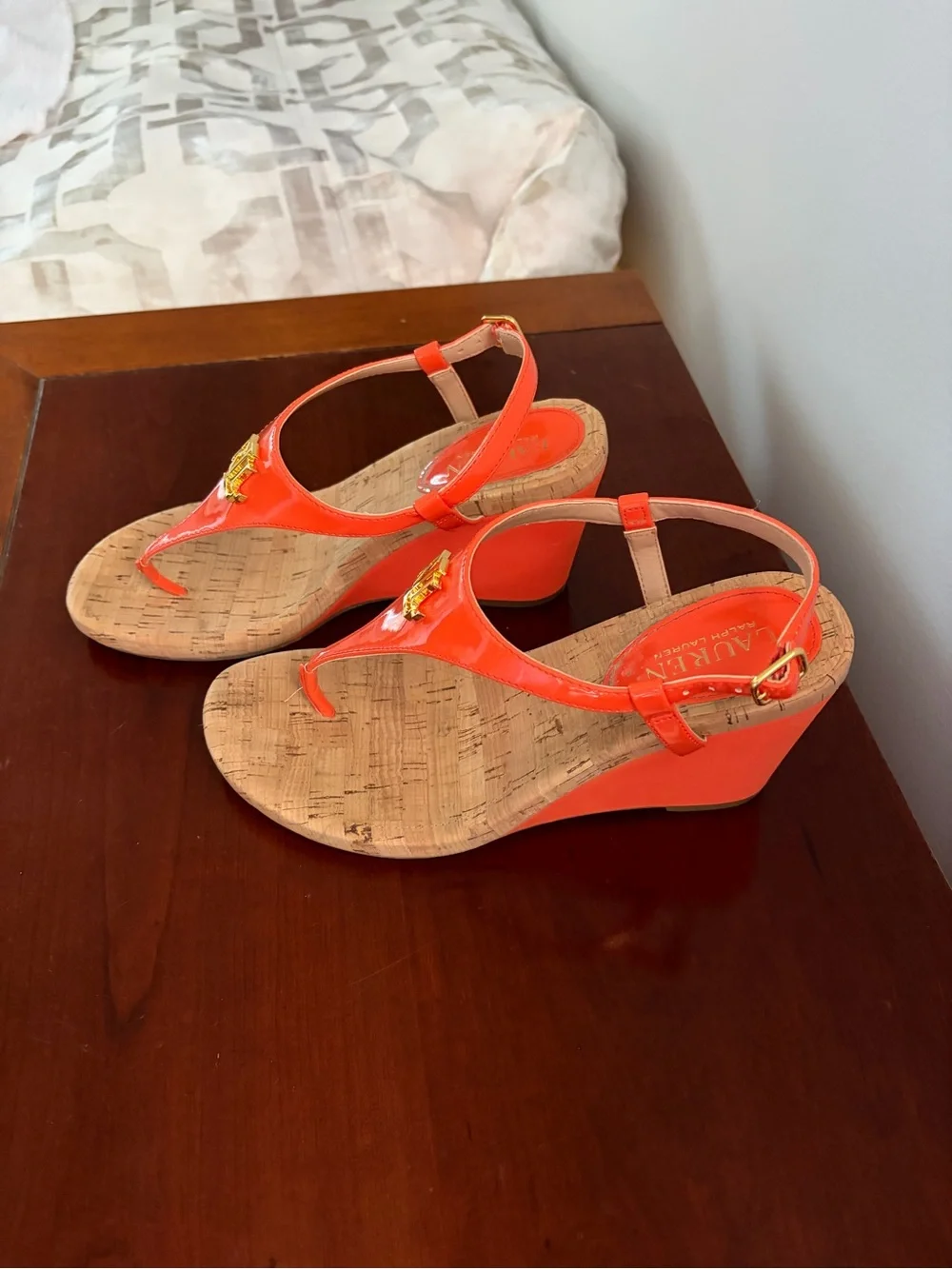 Ralph Lauren Orange Sandal Wedge with Gold RL Accent